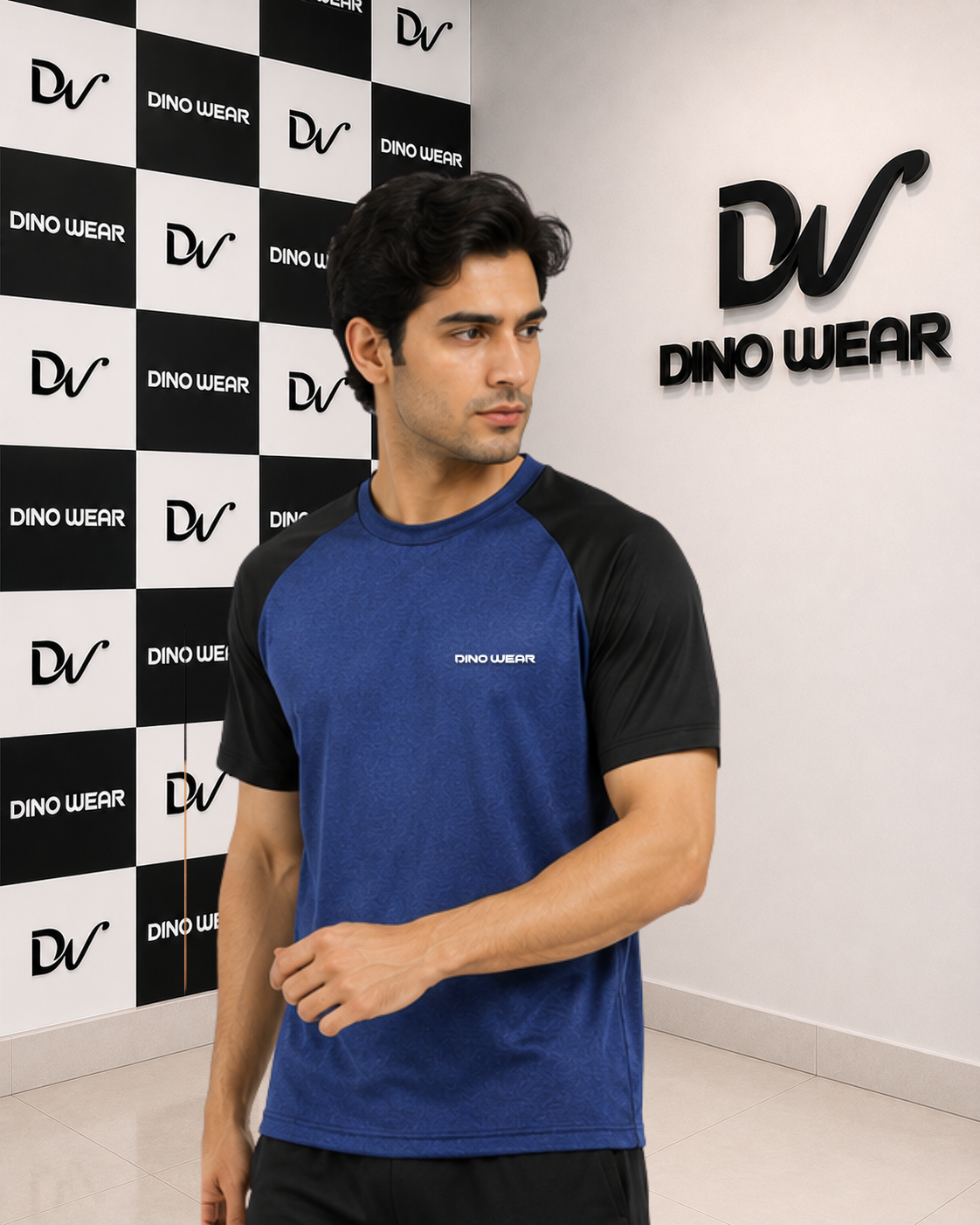 Men’s Blue & Black Lycra T-Shirt – Dino Wear