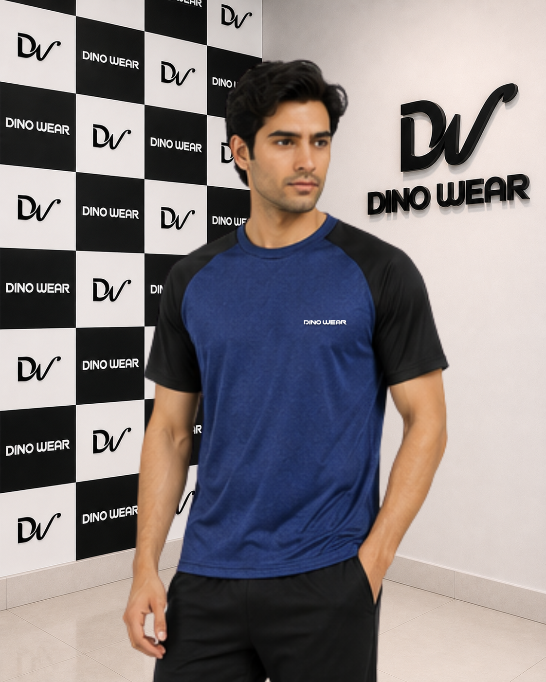 Men’s Blue & Black Lycra T-Shirt – Dino Wear