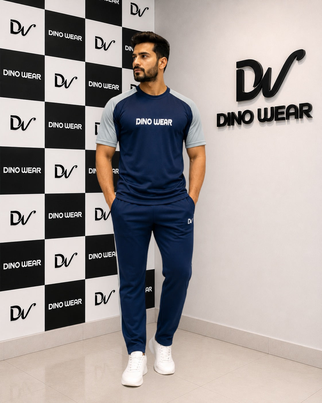 Men's  Navy Blue & Light Gray Tracksuit-Dino Wear